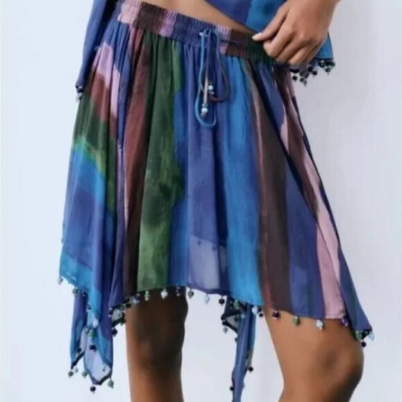 Zara Dresses & Skirts - SOLD Zara NWT Asymmetrical Handkerchief Gypsy Blue Beaded Hem Printed Skirt Med